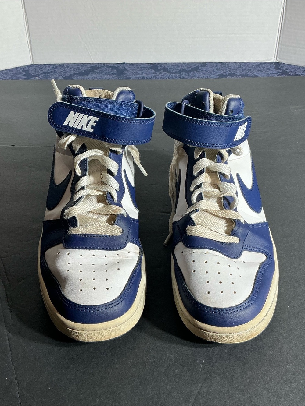 Nike Kids High-Top Sneakers in White and Navy Blue